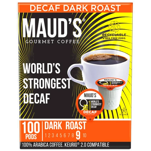 Maud's Decaf World's Strongest Dark Roast Coffee Pods, 100 ct | Decaf World's Strongest | 100% Arabica Dark Roast Coffee | Solar Energy Produced Recyclable Pods Compatible with Keurig K Cups Maker