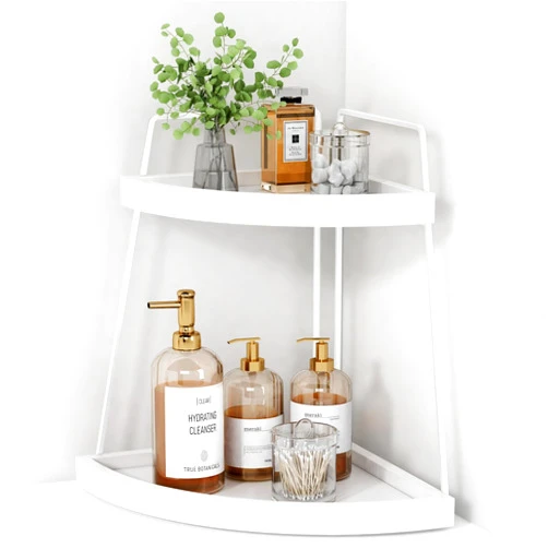 Forbena White 2 Tier Corner Bathroom Counter Organizer, Bathroom Countertop Shelf Organizer for Kitchen Sink, 2 Tier Makeup Vanity Tray for Dresser Tops Decor, Corner Shelf for Girls Bedroom (White)