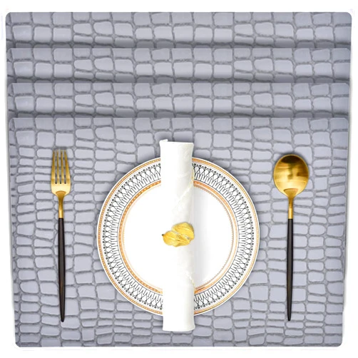 Decozen Placemats Set of 4 - Table Protector for Kitchen Decor Scratch Stain Heat Resistant Wipeable Indoor Outdoor Home Decor Durable Table Place Mats Vinyl PVC Crocodile Skin Pattern - Silver