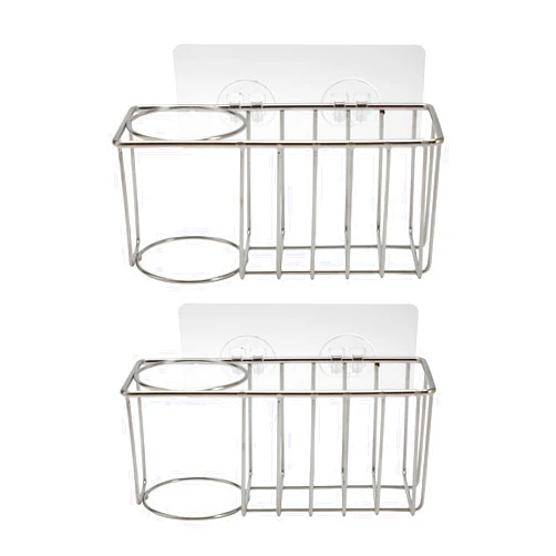 Rowbaty 3-in-1 Sponge Holder for Kitchen Sink with Dish Brush Holder Stainless Steel Hanging Sink Caddy Organizer Rack for Soap Scrubber Multi-Function Shelf - Quick Draining No Drill and Rustproof (2 Pack)