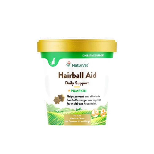 NaturVet – Hairball Aid Supplement for Cats - Plus Pumpkin – Helps Eliminate & Prevent Hairballs – 100 Soft Chews
