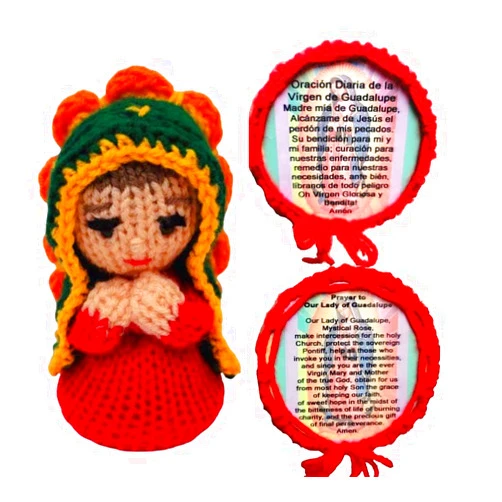 Monique's Art and Gifts VIRGIN MARY GUADALUPE VIRGEN AMIGURUMI KNITTED CROCHET DOLL THAT INCLUDES THE PRAYER IN ENGLISH OR SPANISH BEAUTIFUL HANDMADE PIECE MUÑECA DE LA VIRGENCITA DE GUADALUPE CON LA ORACION EN ESPAÑOL