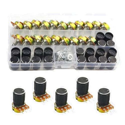 WMYCONGCONG 20 PCS B10K 10K Ohm Knurled Shaft Linear Rotary Taper Potentiometer with Black Knob(WH148) Kit