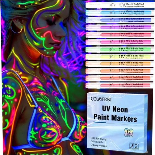 COLAYERIST 12PCS Glow in the Dark Face Paint Pens, UV Neon Face and Body Paint Markers - Skin Safe, Body Art Pens for Kids Adults, Festival Party Supplies
