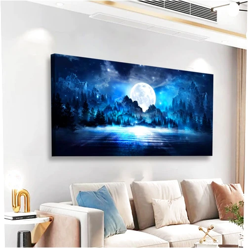 YIBOHUI ART Moon Forest Pictures Canvas Wall Art for Living room Office Bedroom Wall Decor,Blue Wall Art Print Paintings Modern Astral Lake Mountain Dreamy Artwork Waterproof Ready to Hang-20x40inch