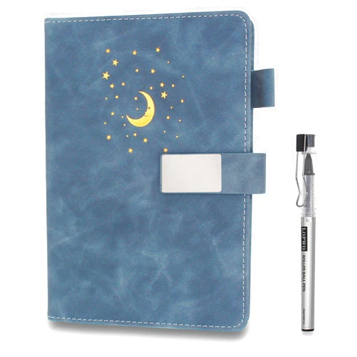 LOPWO Lined Journal Notebook with Pen for Men & Women - 192 Numbered Pages 100gsm Thick Paper Vegan Leather Hardcover Writing journals - A5 Ruled Personal Diary for Work School - Moon and Stars (Blue)