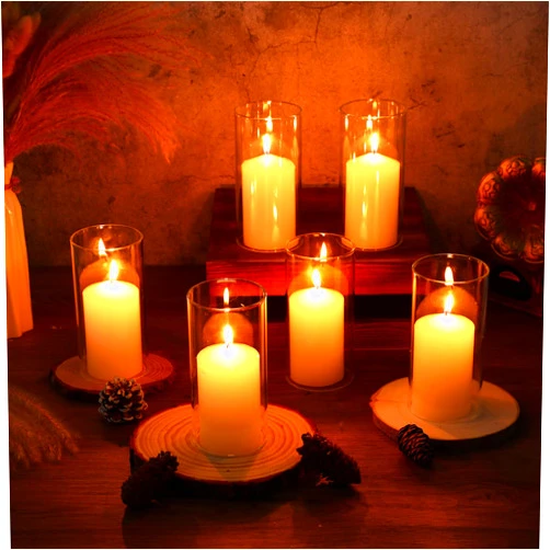 Conelist 6 Sets Open Ended Hurricane Candleholders with Pillar Candles Hurricane Candle Holder Sleeve Bottomless Glass Candle Shade Cylinder Clear Chimney Tube for Home (3 x 6 Inches)