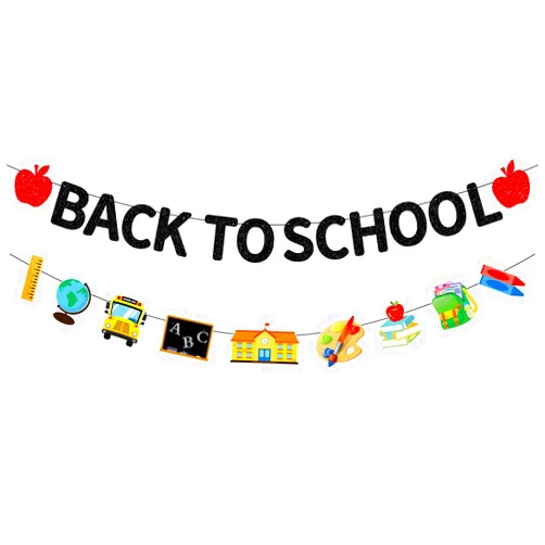 CAVLA Glitter Back To School Banner with Apple School Bus Signs Black Glittery First Day Of School Garland Banner Welcome Back To School Party Fireplace Mantle Decorations Supplies School Classroom