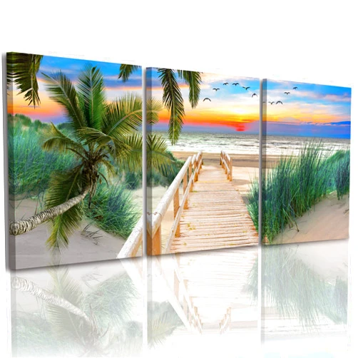 YongArt Sea Canvas Wall Art - Sunset On Ocean Seascape Giclee Artwork, Pathway on Sand Beach, Green Grass Landscape Painting, Framed Picture Canvas Prints for Living Room Decor (E,12x16inchx3pcs)
