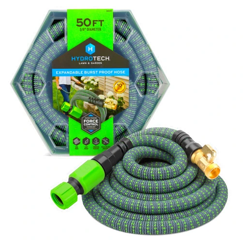 HydroTech 50 ft Expandable Garden Hose - Burst Proof & Lightweight, Flexible Water Hose with Durable Reinforced Latex Core & Solid Brass Fittings for Lawn, Garden, Car Washing