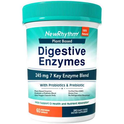 NewRhythm Digestive Enzymes 245 mg, with Probiotics and Prebiotics, Plant Based, 7 Key Enzymes, Digestion, Nutrient Absorption, Protease Amylase & Lipase, 60 Vegan Capsules