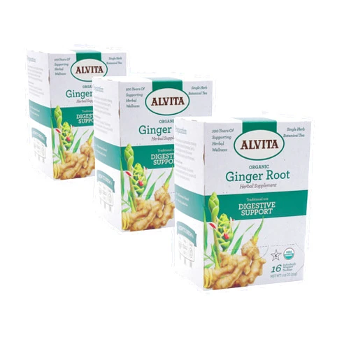Alvita Organic Ginger Root Herbal Tea, Caffeine Free Organic Herbal Nausea Relief, Immunity, and Digestive Tea, (3 Pack – 16 Tea Bags Per Box)