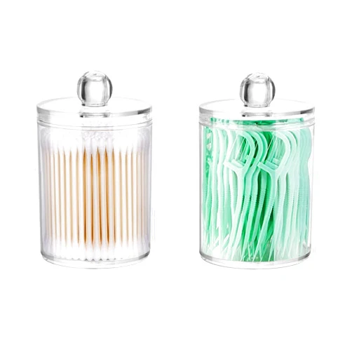 DAPOWER 2 Pack Qtip Holder Storage Canister for Cotton Ball, Cotton Swab, Pads, Floss; 10-Ounce Clear Plastic Apothecary Jar with Lid, Bathroom Makeup Organizer (2)
