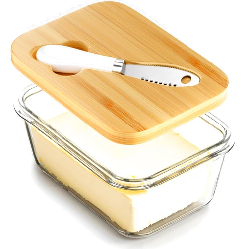 Road to purification Glass Butter Dish with Bamboo Lid and Knife, Airtight Seal for Freshness, Large Butter Dish for East and West Coast Butter, Ideal for Countertop and Refrigerator Storage, Premium Glass Butter Keeper