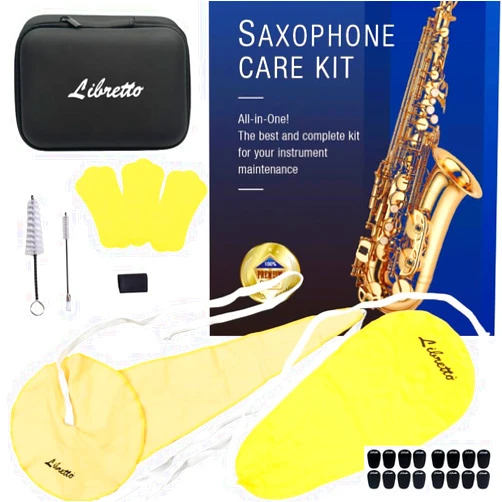 Libretto Alto Saxophone Cleaning Kit with EVA Case, Including 2 Microfiber Cleaning Swabs, 16 Mouthpiece Cushions, Mouthpiece Brush, Dust Brush, Thumb Cushion, 3 Microfiber Pad Dryers.