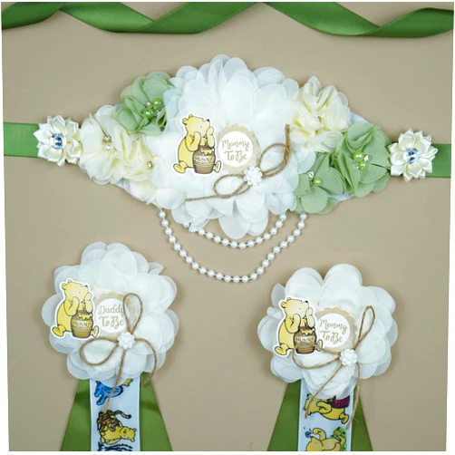 Spelable 3 Pack Bear Mom to Be Sash Daddy to Be Corsage Pins Flower, Baby Shower Sash, Maternity Sash Belly Belt Gift The Mommy Dad, Green Boho Gender-Neutral