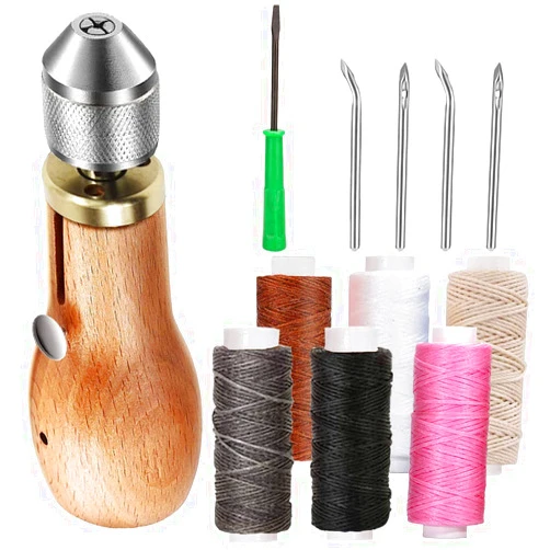 Zeumzwf 12 Pieces Portable Sewing Awl Kit,Stitching Awl Hand Stitcher Repair Tool Kit for Leather, Heavy Fabrics and Canvas with Needles(Straight and Curved), Coil and Waxed Threads for DIY Process