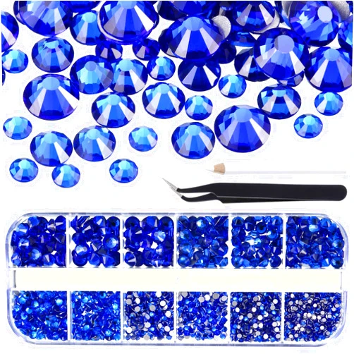 TecUnite 2000 Pieces Flat Back Gems Round Crystal Rhinestones 6 Sizes (1.5-6 mm) with Pick Up Tweezer and Rhinestones Picking Pen for Crafts Nail Face Art Clothes Shoes Bags DIY (Royal Blue)