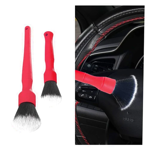 GLSOWEE 2PCS Ultra Soft Car Detailing Brush Set, Scratch-Free Auto Detail Brush Kit for Elegant Surfaces, Comfortable Grip and Soft Brush Head for Cleaning Dashboard Panels Air Vent Leather (Red)