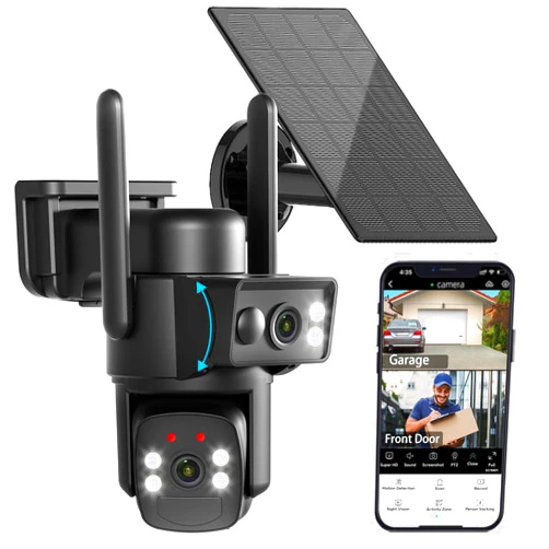 BEENOCAM Dual Lens Solar Security Cameras Wireless Outdoor, 2.4g & 5g WiFi, 360° View Pan/Tilt Home Security Camera with 6MP Color Night Vision/Motion Detection/Spotlight Alarm/2-Way Audio