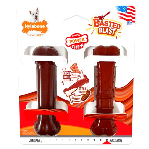 Nylabone Power Chew Basted Blast Dual Flavored Dog Chew Toys for Aggressive Chewers - Durable Dog Bones with 2 Layers of Flavor - Bacon and Steak Flavor, Small/Regular (2 Count)