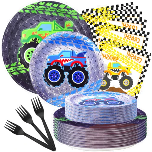 SamPartyShop Monster Truck Party Plates, Napkins, Tableware & Favors - Serves 20 Guests