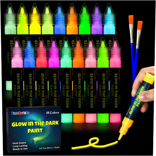 FansArriche Glow in the Dark Fabric Paints, 18 Colors x 20 ml 3D Waterproof Acrylic Textile Paint Markers, Glow in Dark Paint Pen, DIY Neon Fabric Paints for Clothes, Canvas