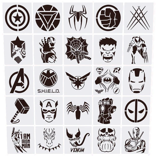 CZONG 25 Pcs Superhero Stencils for Painting on Wood Canvas - Kids Drawing Painting Stencil Art Supplies Superhero Avatars and Logo Stencils for Home Decor & DIY Project