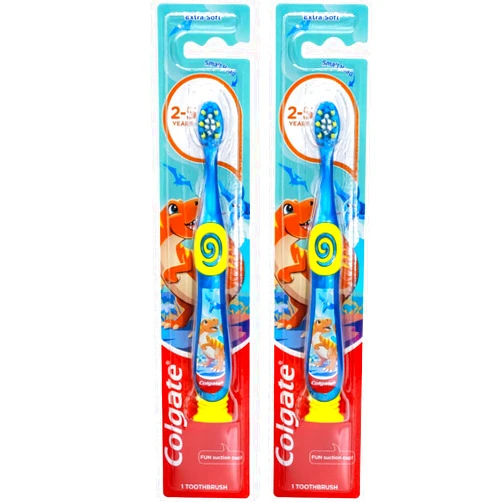 Colgate Dinosaur Toothbrush for Children with Suction Cup, Kids 2-5 Years Old, Extra Soft - Pack of 2