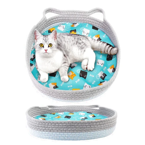 Lylyzoo Round Cat Bed for Indoor Cats, Cat Basket Bed, Wicker Cat Donut Beds, Cooling Cat Nest for Summer Sleeping, Washable Pet Pad for Cat Scratching, Blue Grey