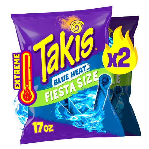 Takis Blue Heat 17 oz Fiesta Size Bag, Hot Chili Pepper Flavored Extreme Spicy Rolled Tortilla Chips (Pack of 2)