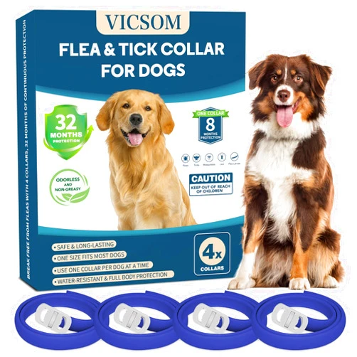 VICSOM 4 Pack Flea Collar for Dogs, Flea and Tick Collar for Dogs, 32 Months Flea and Tick Treatment for Dogs, Dog Flea and Tick Prevention, Waterproof & Adjustable Dog Flea Collar - Blue