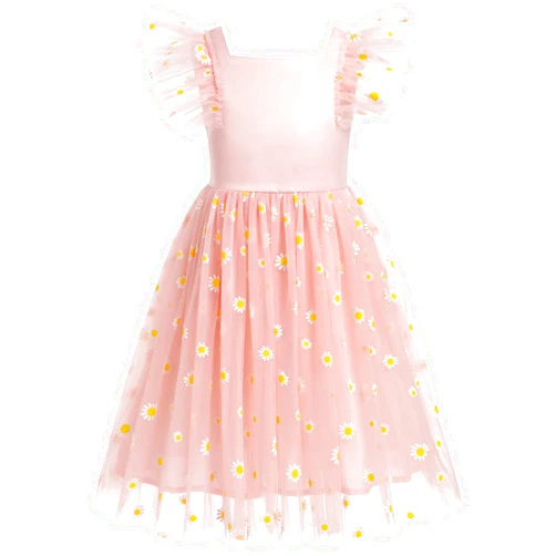 ODOLDI Floral Embroidered Dress for Girls Ruffle Sleeve Formal Birthday Wedding Pageant Party Tulle Dresses