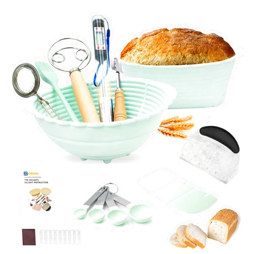 KHKJROS Sourdough Bread Baking Supplies Kit, Silicone Banneton Proofing Basket Set 9'' Round & 10'' Oval, Foldable Sourdough Loaf Molds, Starter Kit Essential for Sourdough Bread Making