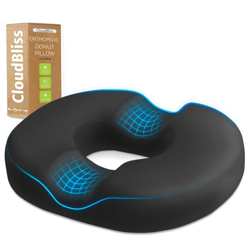 CloudBliss Donut Pillow Seat Cushion Chair Pad for Tailbone Pain Relief and Hemorrhoids, Memory Foam Seat Chair Cushion for Postpartum Pregnancy, Seat Cushions for Men and Women for Home & Office, (Black)