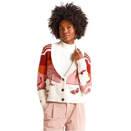 Pendleton Women’s Western Scenic Cardigan - 100% Cotton Knit Sweater Jacket, Ribbed Collar, Washable - Brick/Rose Multi