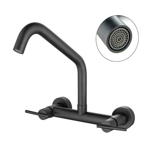 SUBEIXI Wall Mount Kitchen Faucet Matte Black 8 Inch Center Wall Mounted Kitchen Faucet Swivel Spout Double Handle Commercial Kitchen Faucet