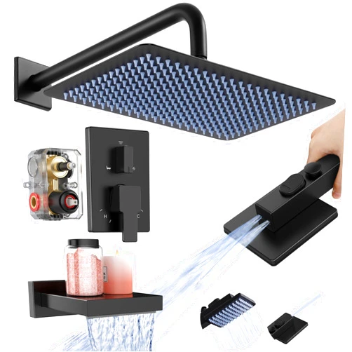 KES Black Bathtub Shower Faucet Set with 12