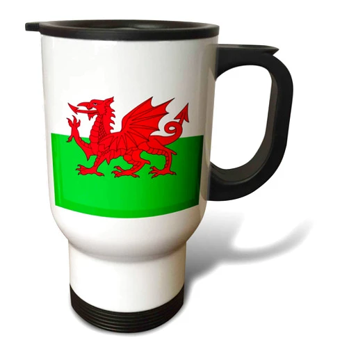 3dRose Flag of Wales-Welsh Red Dragon on White and Green-Y Ddraig Goch Travel Mug, 14-Ounce