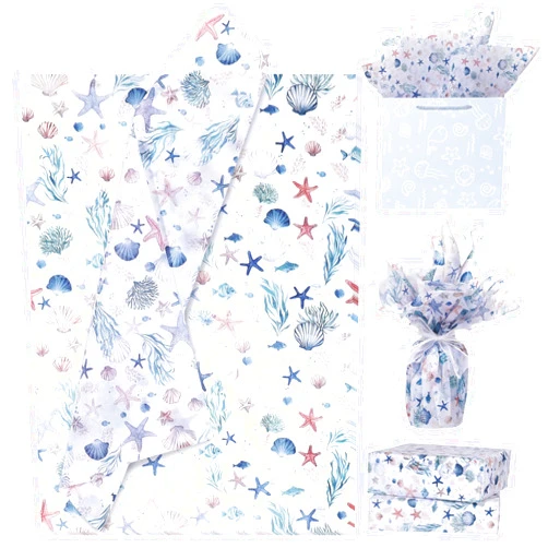 Pineraap 100 Sheets Ocean Tissue Paper for Gift Bags Under the Sea Coastal Ocean Wrapping Paper Starfish Shell Fish Seaweed Print for Birthday,Wedding - 20