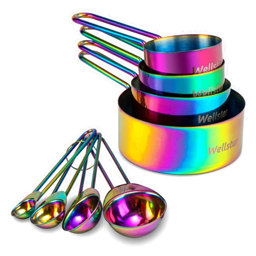 WELLSTAR Measuring Cups and Spoons Set of 8, Food Grade 18/8 Stainless Steel Measure set for Dry Liquid Measurement, Rainbow Titanium Coated Kitchen Gadgets for Cooking Baking, 4 Cup and 4 Spoon