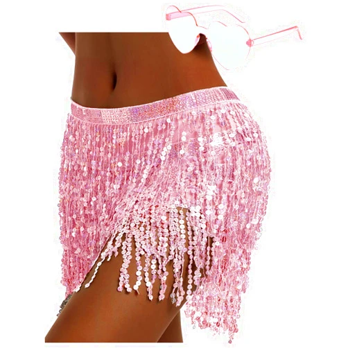 SHENYI Sequin Skirt Fringe Skirt Belly Dance Hip Skirt Rave Party Costume Sparkle Skirt with Heart Sunglasses for Women and Girls