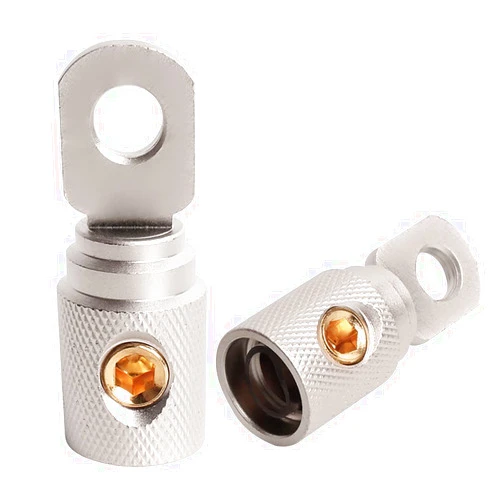 DHYANAOM 2Pcs 0 Gauge Brass with Nickel Plated Ring Set Screw Battery Ring Terminals Amp Input Reducers for 0-2 Gauge Wire
