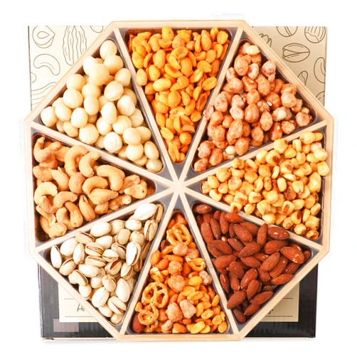 Artisanal Cravings Gourmet Mixed Nuts Gift Basket Mixed Nuts Gift Basket | XL 2 LB Platter Includes 8 Assortments of Premium Nuts - Sleek Bamboo Wood Reusable Platter, Kosher