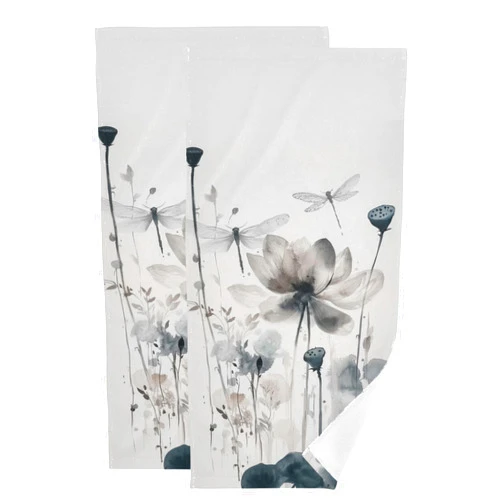 YDTBRUF Grey Floral Hand Towels Set of 2 Ink Lotus Dragonfly Fingertip Towel Black and White Botanical Absorbent Bath Towels Soft Dish Towels Funny Kitchen Towels for Bathroom Kitchen Spa Hotel Decor