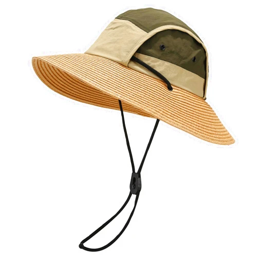 Senro Vientian Sun Straw Hat for Women & Men - Wide Brim Safari Floppy Style, UPF 50+, Color Blocking Design