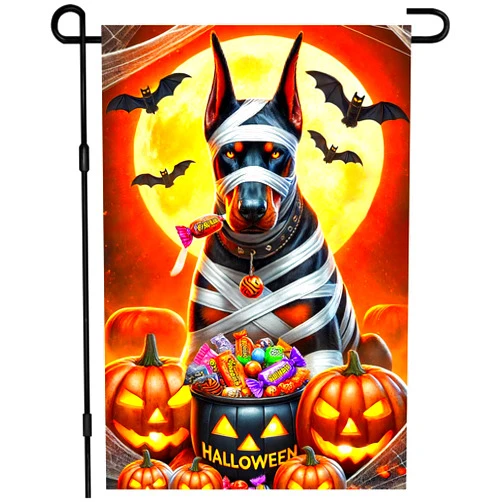 BlissYard Halloween Garden Flag 12x18 Inch Doberman Dog Mummy Flag Double Sided Spooky Yard Banner Outdoor Halloween Decoration for Porch Lawn Patio Seasonal Trick or Treat Sign