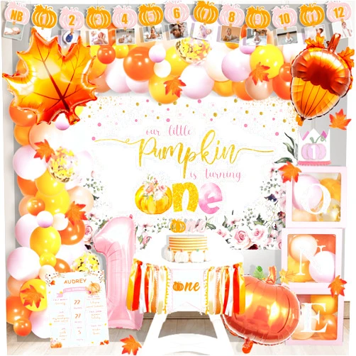 Kudapity Pumpkin 1st Birthday Party Decorations for Girl Fall Little Pumpkin First Birthday Decoration Autumn Pumpkin 1st Backdrop Cake Topper High Chair Monthly Photo Banner Crown Poster for 1st Girl Birthday