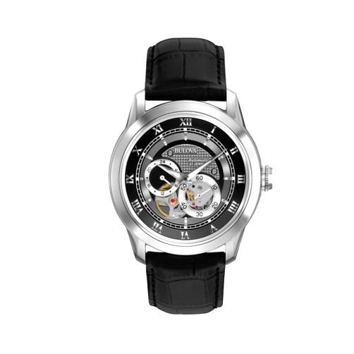 Bulova Men's Classic Sutton 4-Hand Automatic Watch, 24-Hour Sub Dial, Open Aperture, Self-Winding, Exhibition Caseback, Double Curved Mineral Crystal, Luminous Hands, 42mm