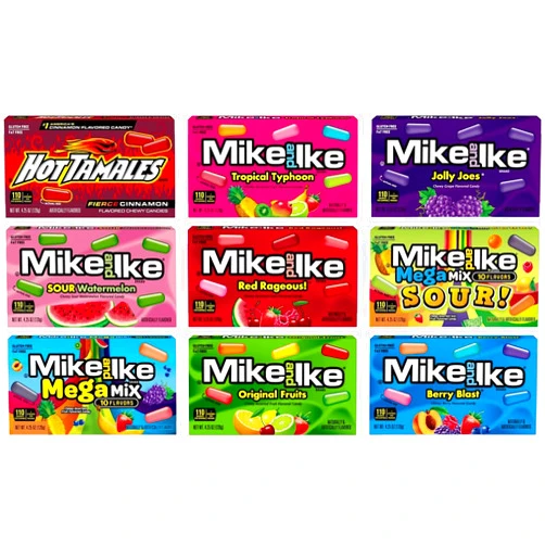 Snackathon Mike & Ike Chewy Candy, Theater Box, Variety Box, 4.25 Ounce, 1 Box each Flavor, 9 Boxes Total (Original, Mega, Tropical, Berry, Jolly, Red, Tamales, Mega Sour, Watermelon)